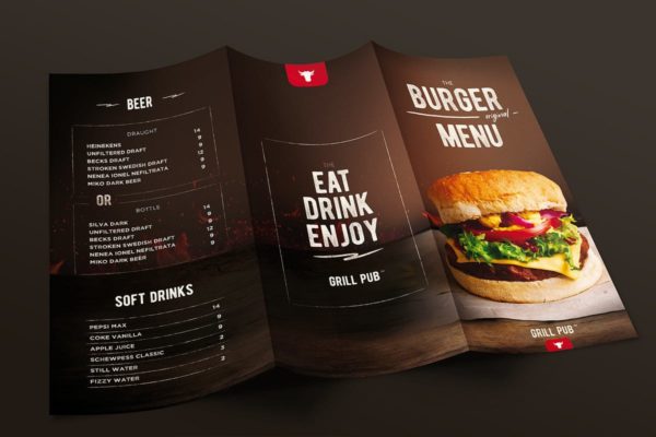 西式快餐汉堡三折页菜单PSD模板设计素材 Burger Menu Trifold