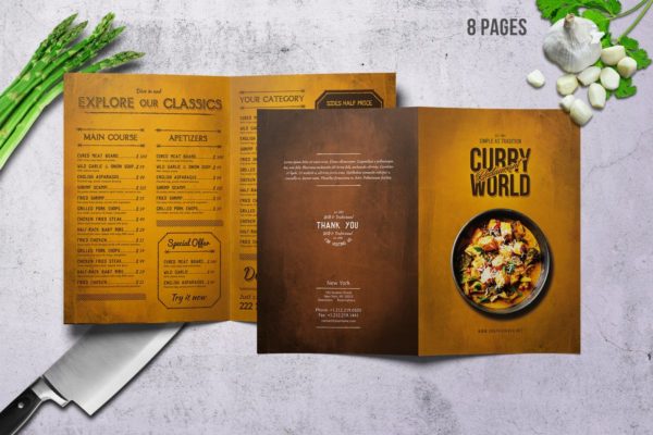 复古咖喱美食双折页菜单设计PSD模板素材 Curry World Retro Bifold Menu A4 and US Letter