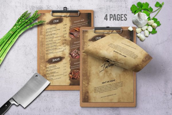 复古高端西餐厅菜单设计PSD模板 Infernos Vintage Single Page Menu – A4 & US Letter