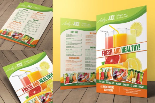 新鲜鲜榨果汁软饮菜单PSD模板设计素材 Fruit Juice Menu Flyer