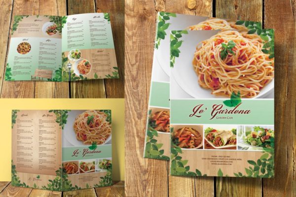 花园咖啡店轻食咖啡菜单设计PSD模板素材 Garden Cafe Menu Bifold