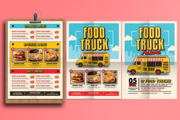 食品快餐车POP海报/菜单设计PSD模板素材 Pop Art Food Truck Flyer/Menu