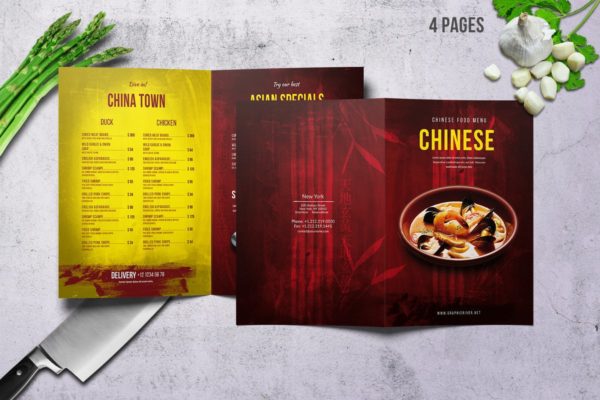 复古中国菜中餐厅菜单设计PSD模板素材 Chinese A4 & US Letter Food Menu