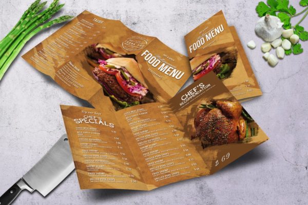 经典多用途三折页汉堡店菜单PSD模板设计素材 Multipurpose Food Menu – A4 & US Letter – Trifold