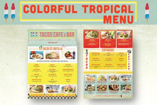 多彩热带风情餐厅菜单设计PSD模板素材 Colorful Tropical Menu