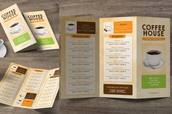 高档咖啡厅三折页菜单设计PSD模板素材 Coffee Trifold Menu