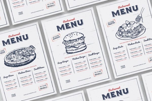 复古素描插画设计风格餐厅菜单设计PSD模板素材 Vintage Restaurant Menu