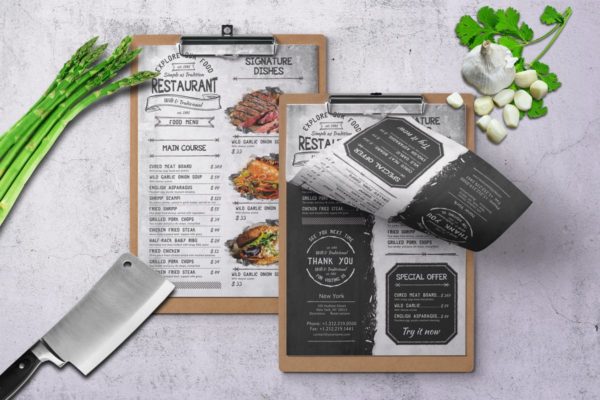 复古单页牛排西餐厅菜单设计PSD模板素材 Vintage Single Page Food Menu A4 & US Letter