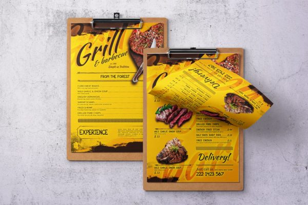 BBQ烧烤单页菜单设计PSD模板素材 Barbecue Single Page A4 & US Letter Food Menu