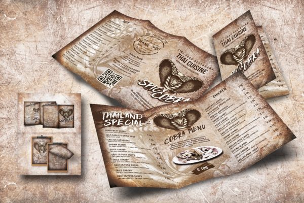 泰国特色菜餐馆菜单设计PSD模板素材汇总 Spicy Cobra Thai Food Menu Bundle