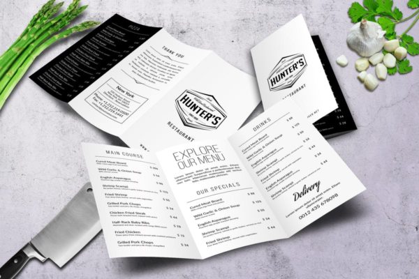 极简主义A4规格三折页菜单设计PSD模板素材 Minimal A4 Trifold Food Menu Design