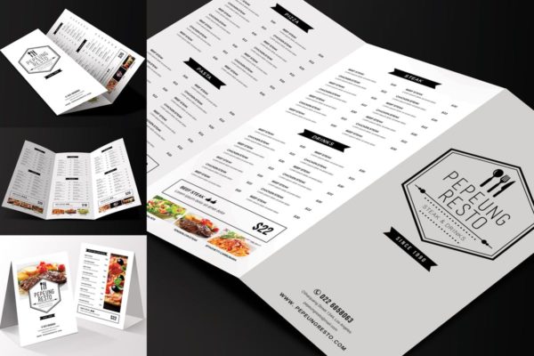 极简设计风格三折页西餐厅菜单设计PSD模板素材 Trifold Minimalist Menu