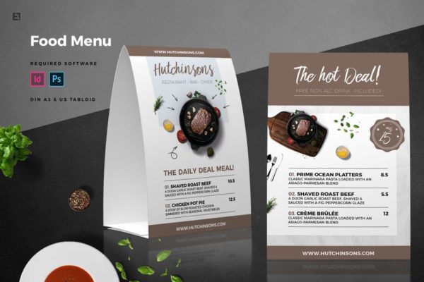 餐桌立式餐厅饭店菜单设计PSD模板素材 Table Tent Food Menu