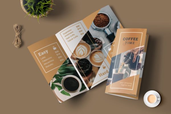 高档咖啡馆三折页菜单设计PSD模板 Coffee Menu Trifold