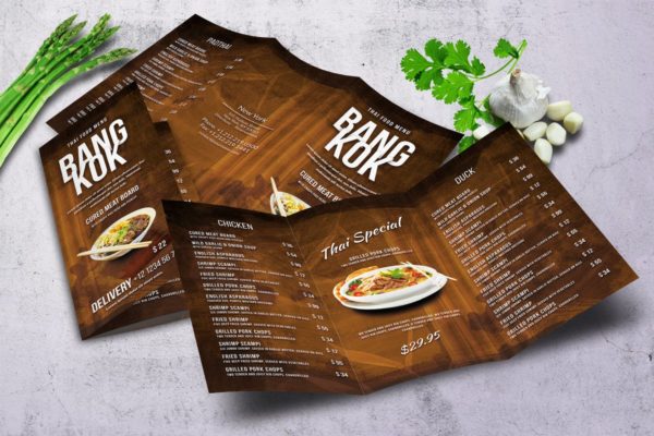泰国菜餐厅三折页菜单设计PSD模板素材 Thai Trifold A4 and US Letter Menu