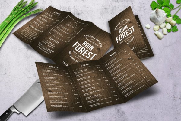 复古木纹三折页食物菜单设计PSD模板素材 Rain Forest Trifold A4 & US Letter Menu