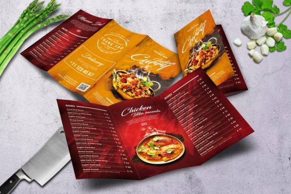 印度咖喱餐厅三折页食物菜单设计PSD模板素材 Curry Indian Trifold Food Menu A4 & US Letter