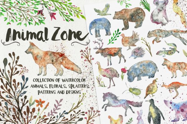 极力推荐：动物水彩剪贴画、纹理、Logo设计模板精选等汇总 Animal Zone Watercolor collection[1.48GB]