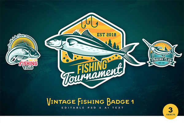 高端时尚复古钓鱼logo标志PSD和AI徽标徽章设计模板第1卷