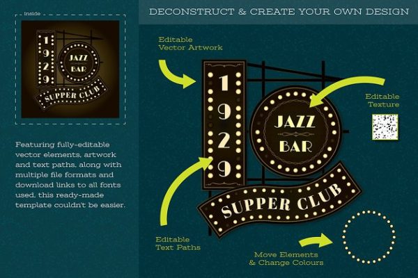 店铺俱乐部夜店Logo设计模板 Art Deco Jazz Club Logo Template