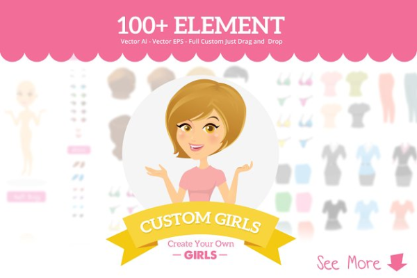 卡通女孩形象Logo徽标设计素材包 Custom Girls – Logo & Badges Creator