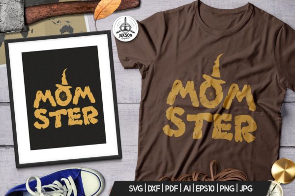 万圣节怪物图案T恤印花设计素材 Halloween Momster Print T-Shirt Retro Badge Design