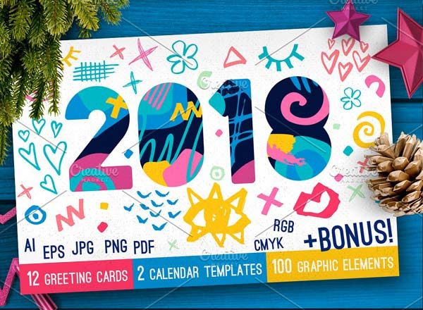 第一素材下午茶：鲜艳活跃的圣诞新年贺卡制作广告和日历模版[Ai]