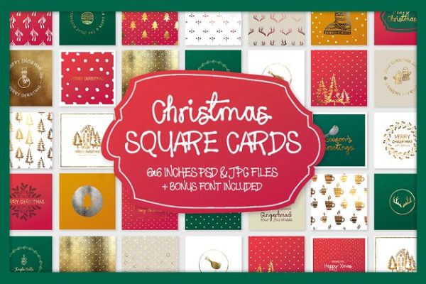 圣诞节贺卡制作模板+元素汇总 Christmas Square Cards + Bonus
