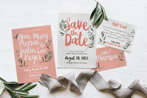 质朴粉色&绿色婚礼设计物料模板 Rustic Pink & Green Wedding Suite