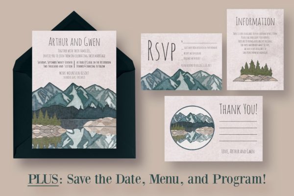 山水如画水彩婚礼设计物料模板 Mirror Lake Wedding Suite