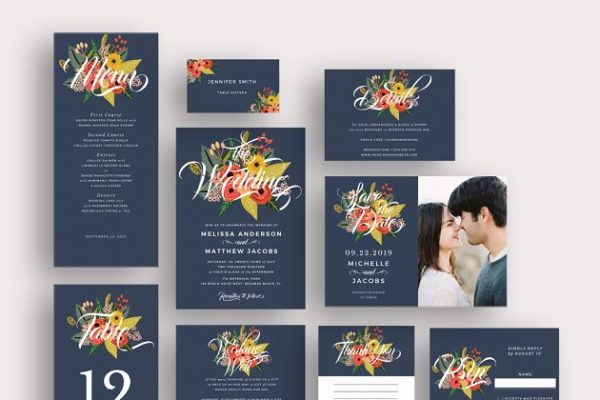 蓝色繁花似锦婚礼设计物料模板 In Between the Blooms on Blue