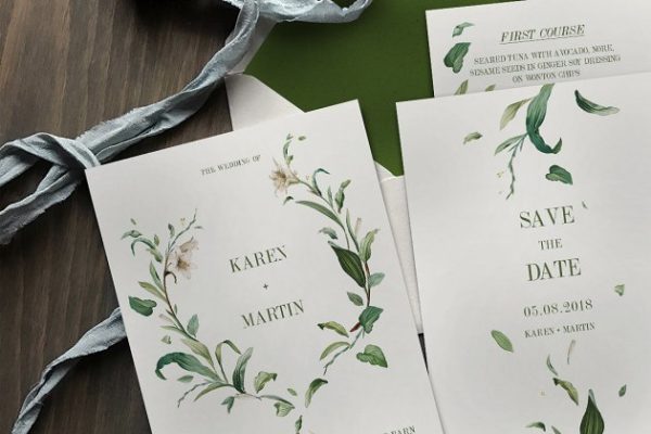 绿色婚礼邀请函制作设计模板 Green Foliage Wedding Suite