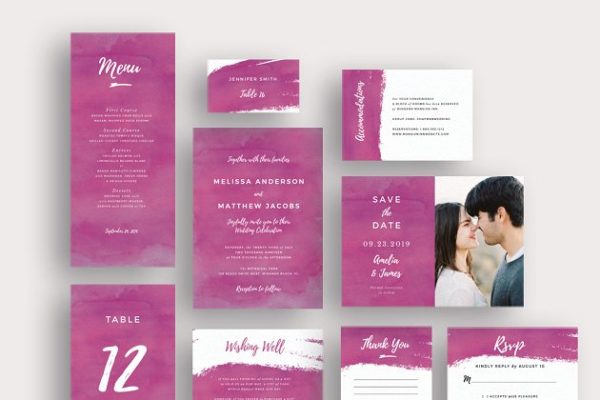 紫色笔刷纹理背景婚礼邀请函制作设计套件 Purple brush watercolor invite