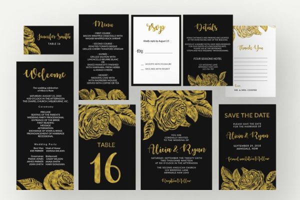 高贵奢华金玫瑰图案婚礼邀请函制作模板汇总 Gold roses flower black invitation