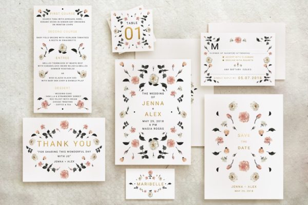 玫瑰金花卉婚礼邀请函制作设计套装 Rose Gold Wedding Invitation Suite