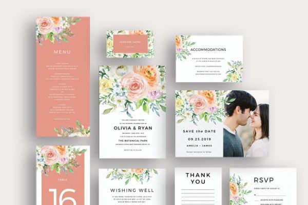 彩色水彩花卉婚礼邀请函制作模板集 Pastel watercolor floral invitation