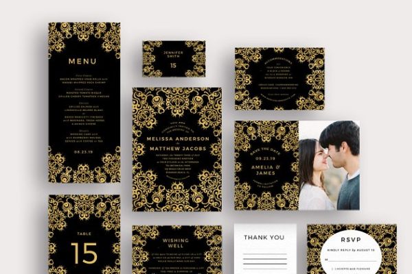 黑金装饰风格婚礼邀请函制作模板 Gold Ornate on Black