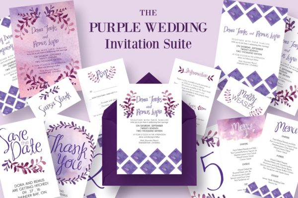 紫色婚礼邀请函制作设计套件 The Purple Wedding Invitation Suite
