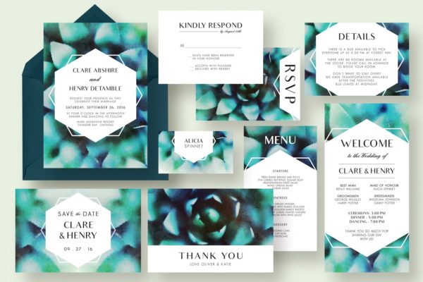 多肉植物插画婚礼邀请设计套件模板 Succulent Wedding Invitation Suite