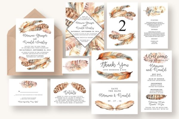 波希米亚风格羽毛插画婚礼邀请函制作设计套件 Boho Feather Invitation Suite