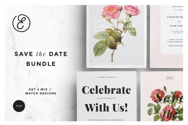 预留时间邀请函制作设计模板 Botanical Save the Date Bundle