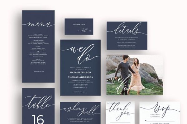 现代海军蓝婚礼邀请函制作设计套件 Modern We Do Script Navy Blue