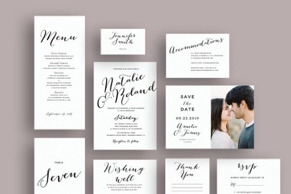 简约文字排版婚礼邀请函制作设计模板 Typography script wedding invite set