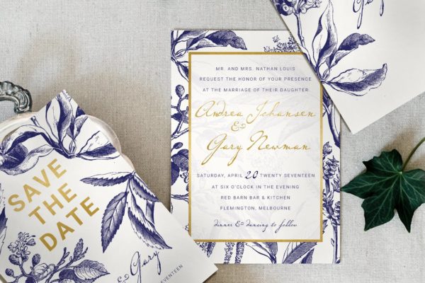 金色&海军蓝手绘图案插画婚礼邀请函制作设计模板 Gold & Navy Wedding Invitation Suite