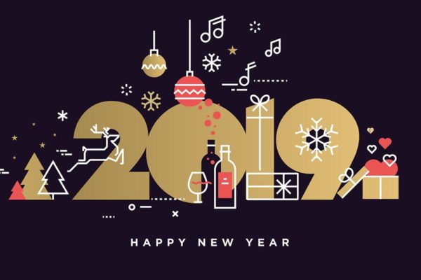 2019年渐变色字体新年贺卡制作海报设计模板[暗夜背景] Happy New Year 2019