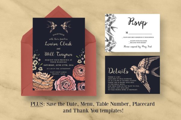 浪漫燕子寓意婚礼邀请设计套件 Romantic Swallow Bird Wedding Suite