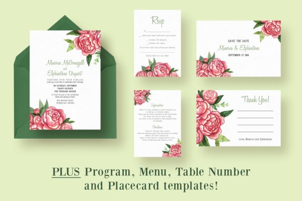 水彩花束插画婚礼邀请函制作设计模板 Watercolor Bouquet Wedding Suite