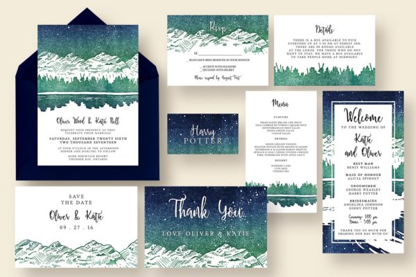 星光熠熠雪山冬景婚礼邀请函制作设计模板 Starry Reflection Wedding Suite