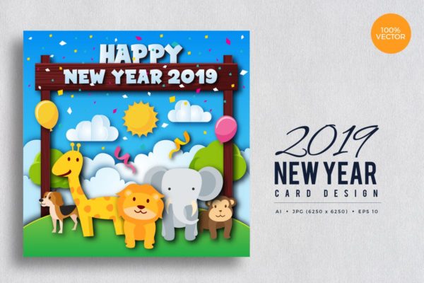 可爱手绘野生动物2019新年贺卡制作设计模板 Cute Wildlife Animal Happy New Year 2019 Card