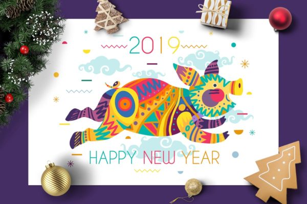 部落彩绘风格2019年猪年新年贺卡制作海报设计模板 2019 New Year With Pig In Tribe Style